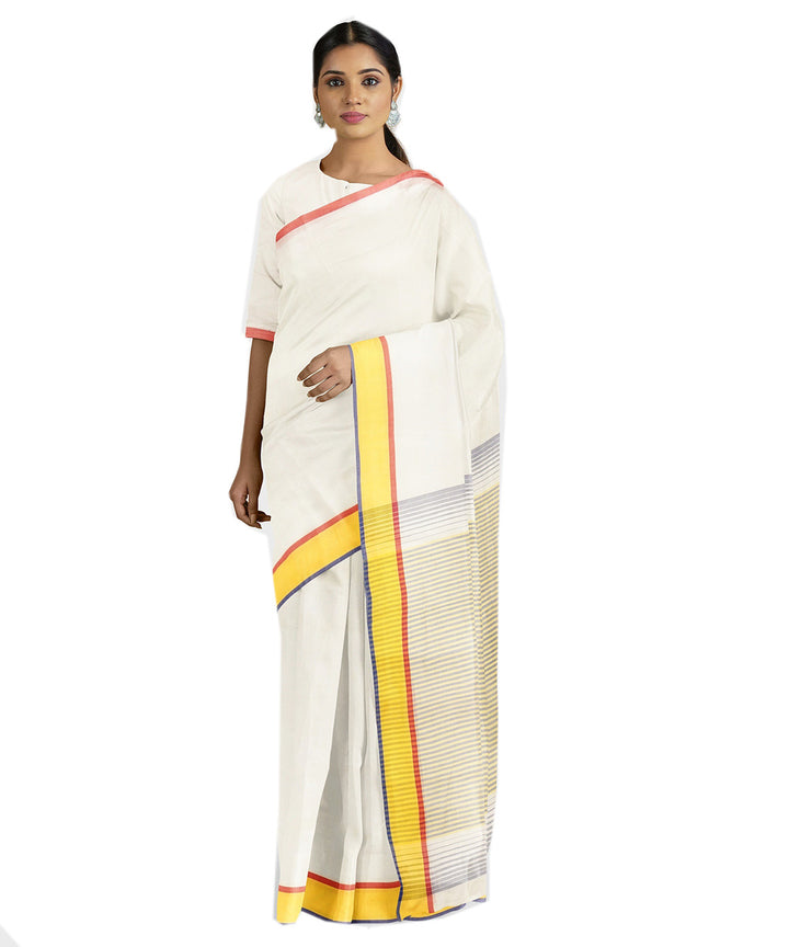 Tantuja white yellow handwoven shantipuri cotton sari