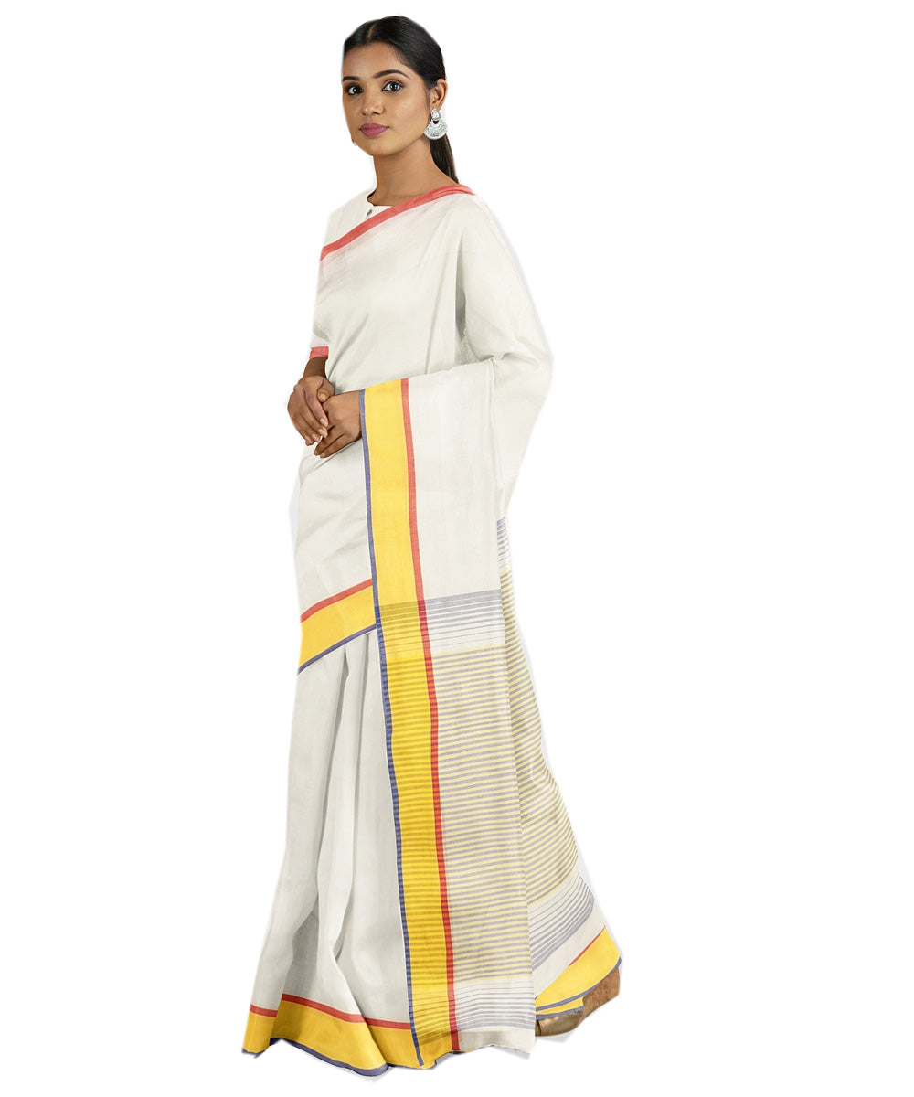 Tantuja white yellow handwoven shantipuri cotton sari