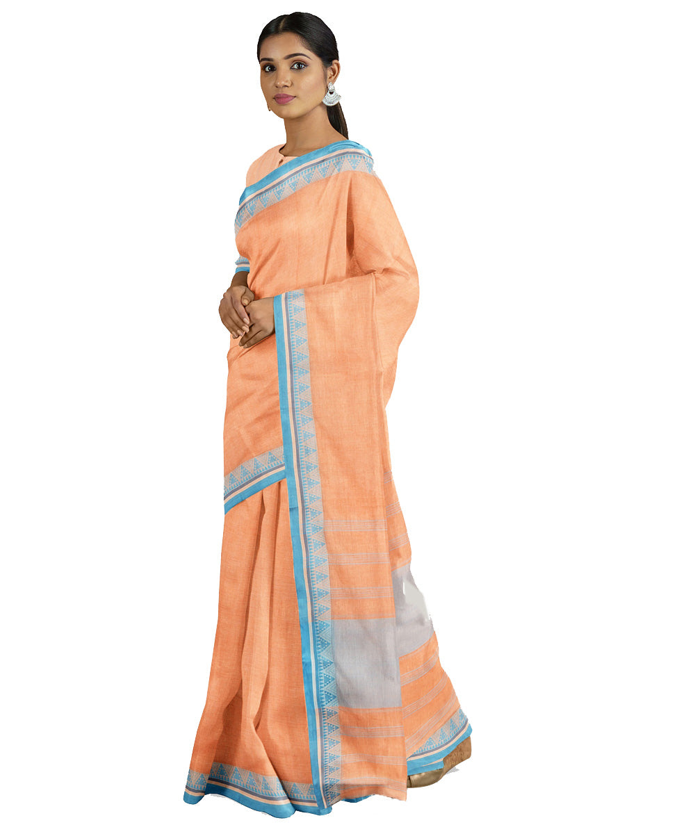 Tantuja light orange blue handwoven shantipuri cotton sari