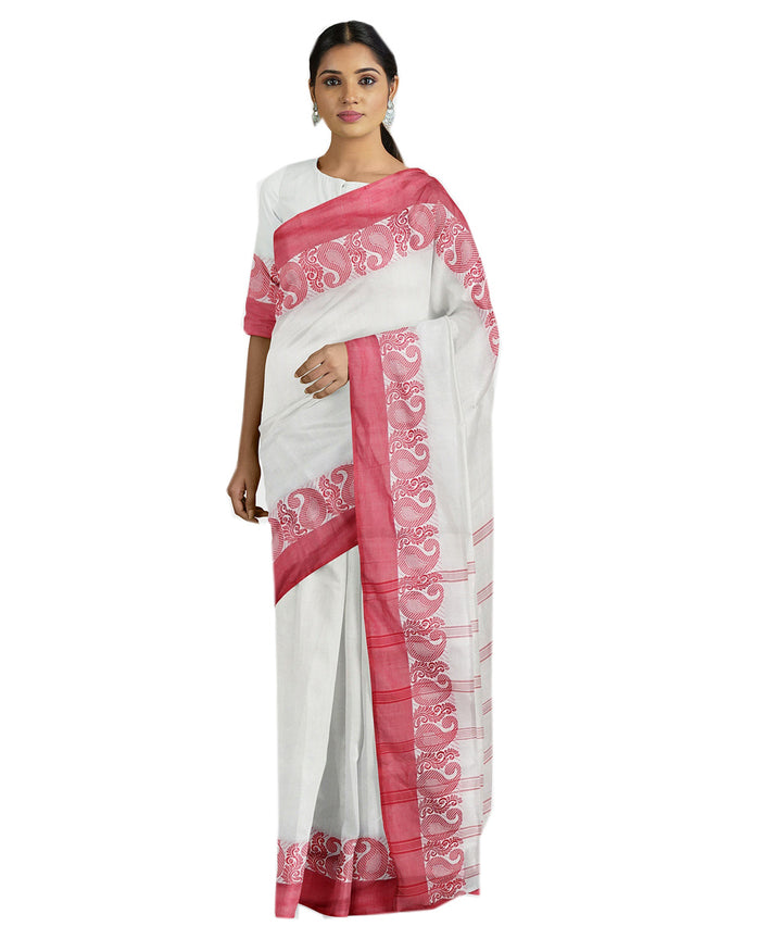 Tantuja off white red handwoven shantipuri cotton sari