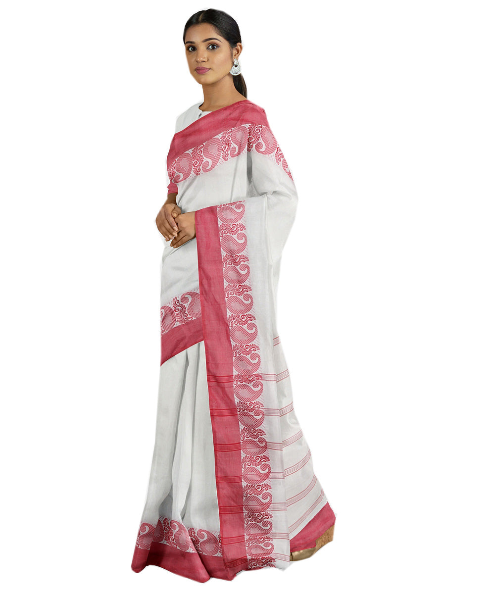 Tantuja off white red handwoven shantipuri cotton sari