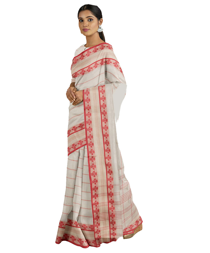 Tantuja light grey red handwoven shantipuri cotton sari
