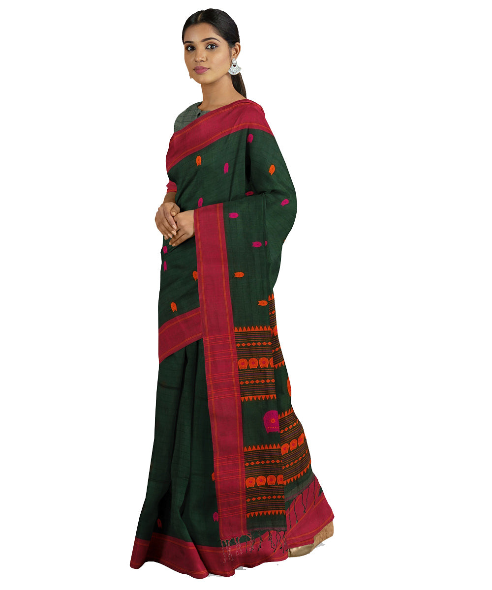 Tantuja dark green red handwoven tangail cotton sari