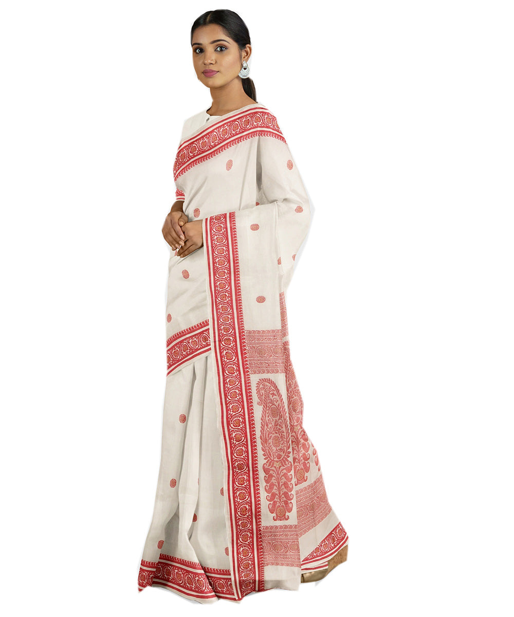 Tantuja white red handwoven tangail cotton sari