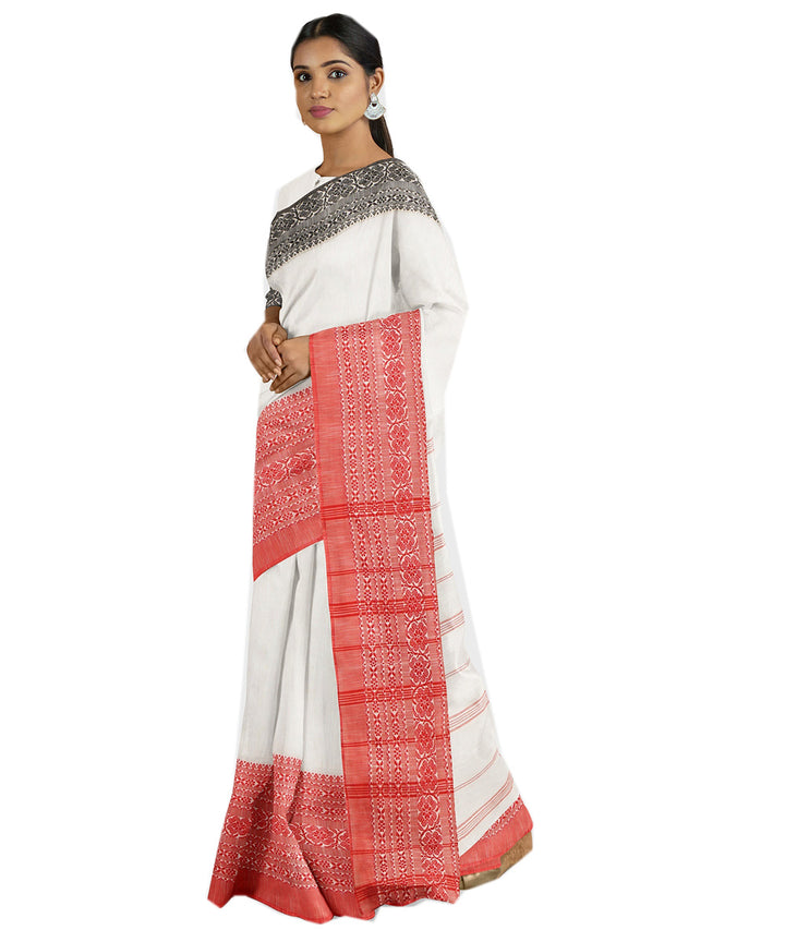 Tantuja white rose red handwoven shantipuri cotton sari
