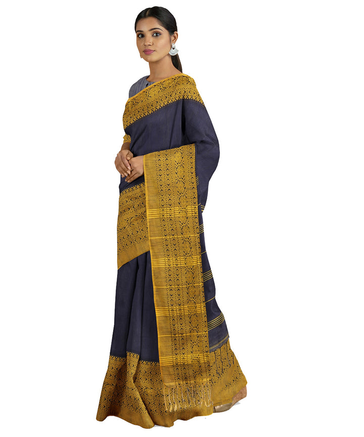Tantuja blue yellow handwoven shantipuri cotton sari
