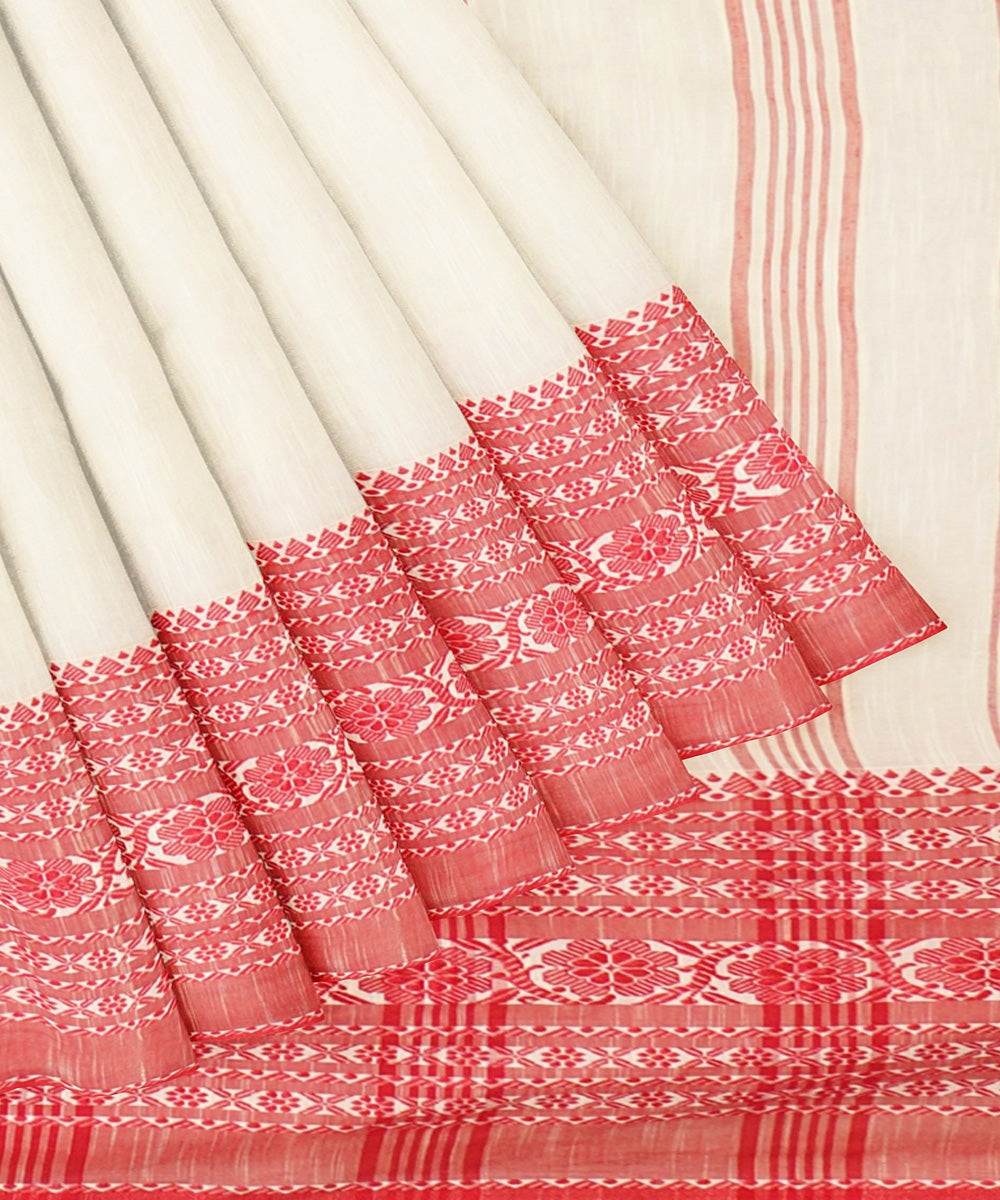 Tantuja white red handwoven shantipuri cotton sari GoCoop