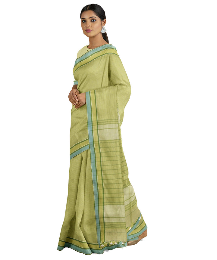 Tantuja light olive green handwoven shantipuri cotton sari