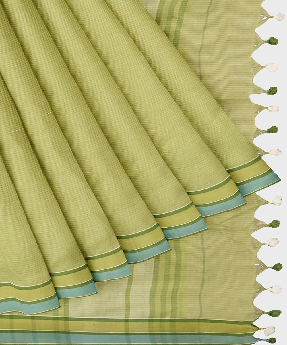 Tantuja light olive green handwoven shantipuri cotton sari