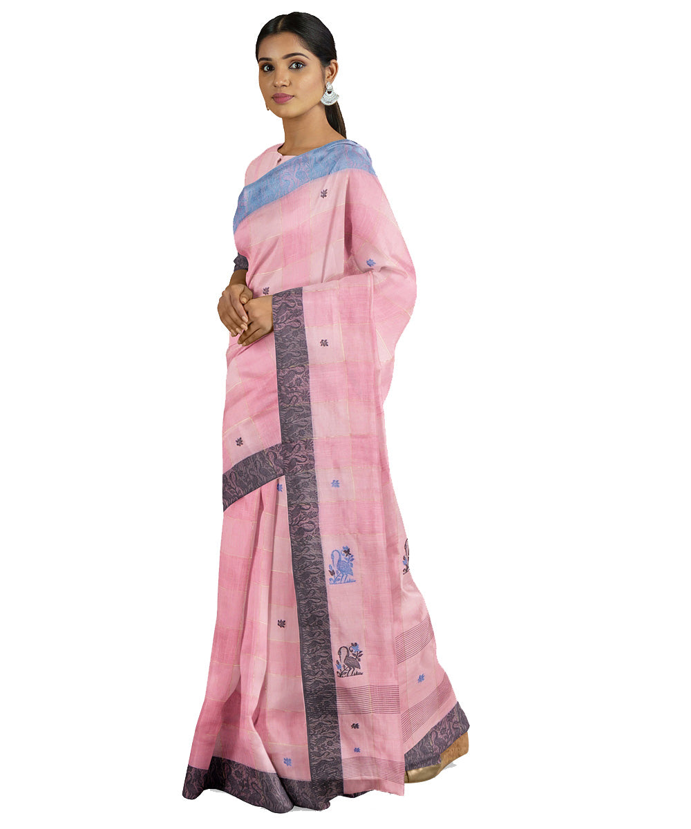 Tantuja pink blue handwoven shantipuri cotton sari