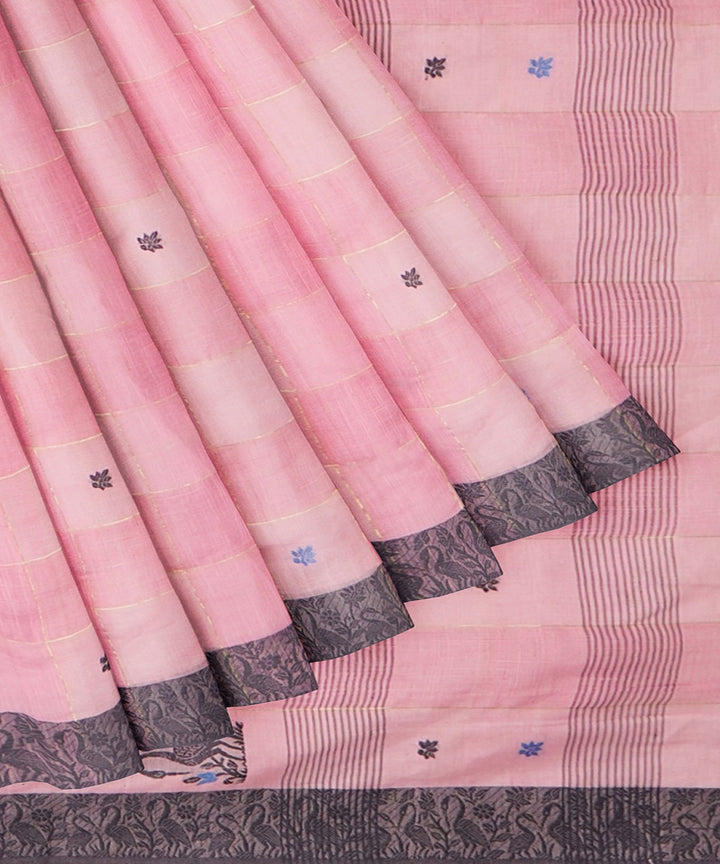 Tantuja pink blue handwoven shantipuri cotton sari