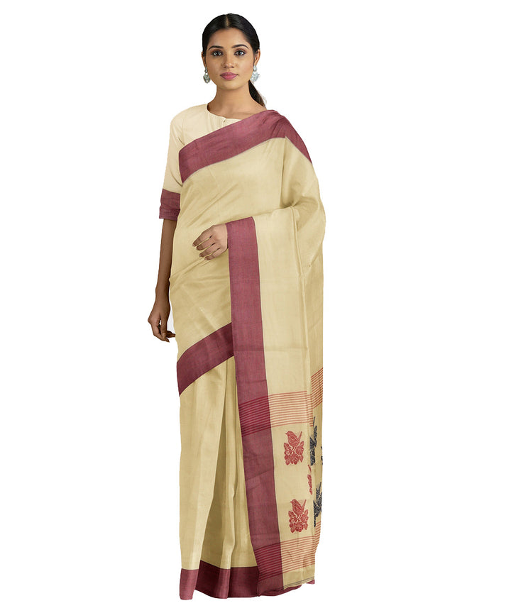 Tantuja cream maroon handwoven shantipuri cotton sari