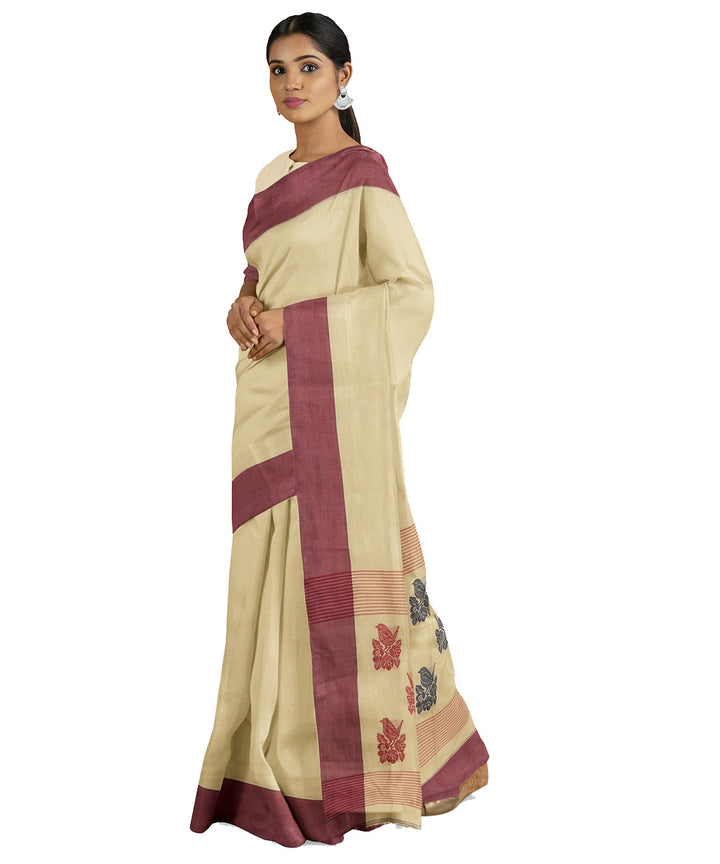 Tantuja cream maroon handwoven shantipuri cotton sari