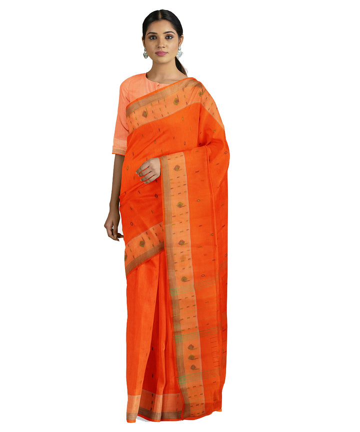 Tantuja orange handwoven shantipuri cotton sari