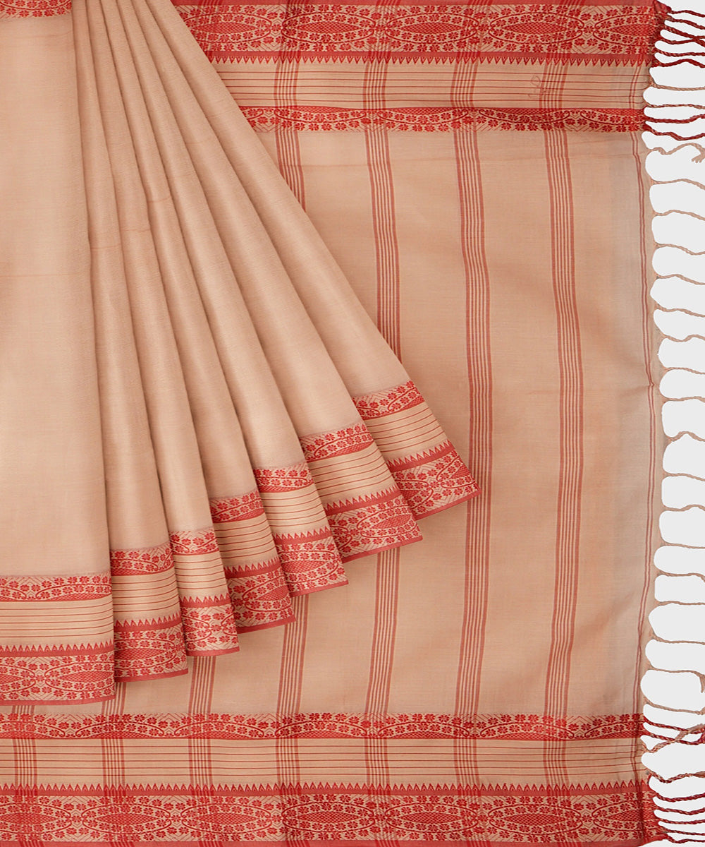 Tantuja light brown red handwoven shantipuri cotton sari
