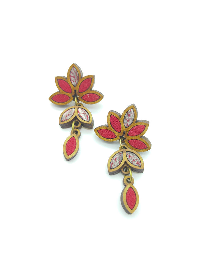 Handcrafted red grey leaf motif fabric and wood earring