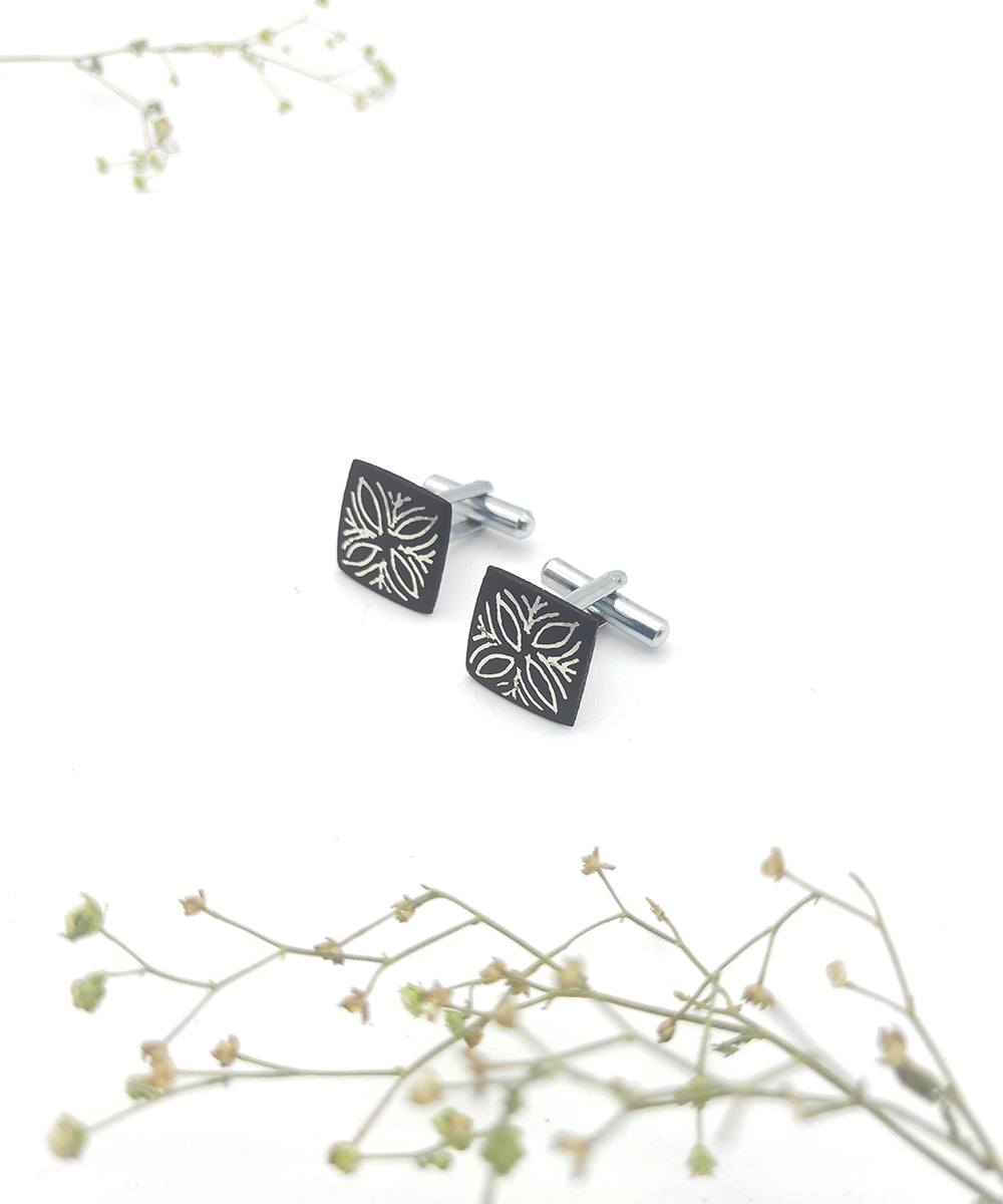 Handmade bidri pure silver inlay square cufflinks