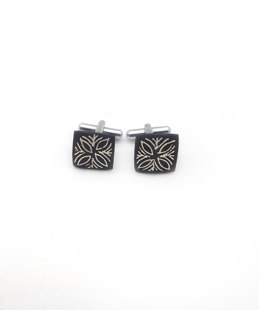 Handmade bidri pure silver inlay square cufflinks