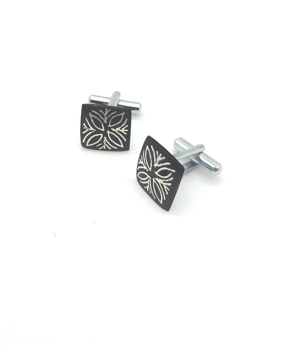 Handmade bidri pure silver inlay square cufflinks