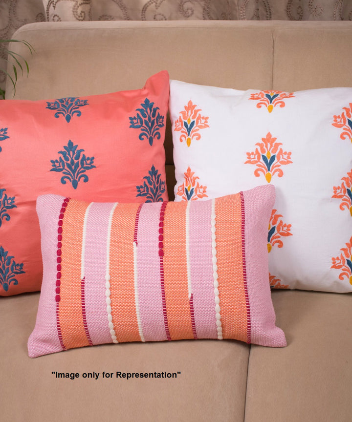 Orange pink textured stripe handloom cotton rectangle cushion cover