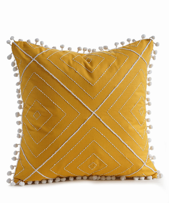 Lemon yellow cotton hand embroidery cushion cover