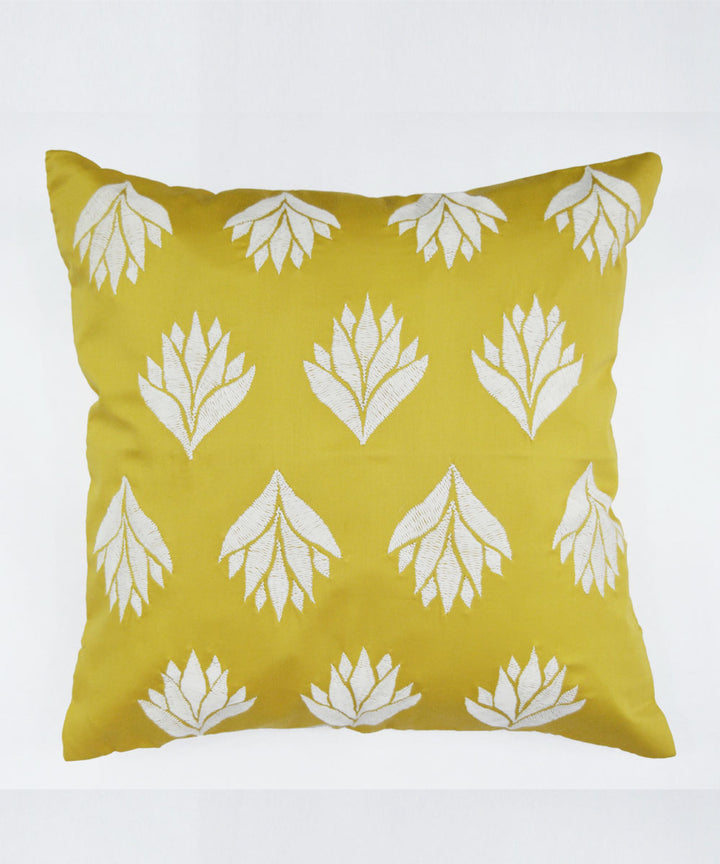 Mustard white cotton hand embroidery cushion cover