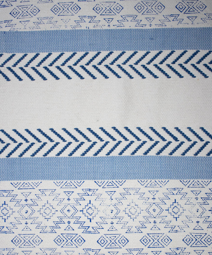 White blue handwoven hand block print cotton rug