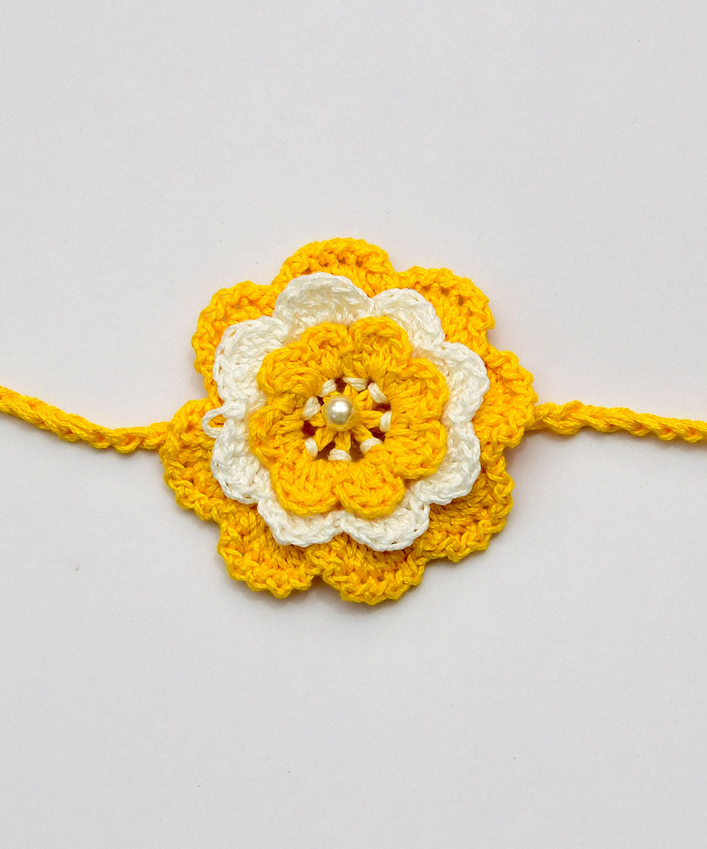 Yellow white hand embroidery cotton rakhi