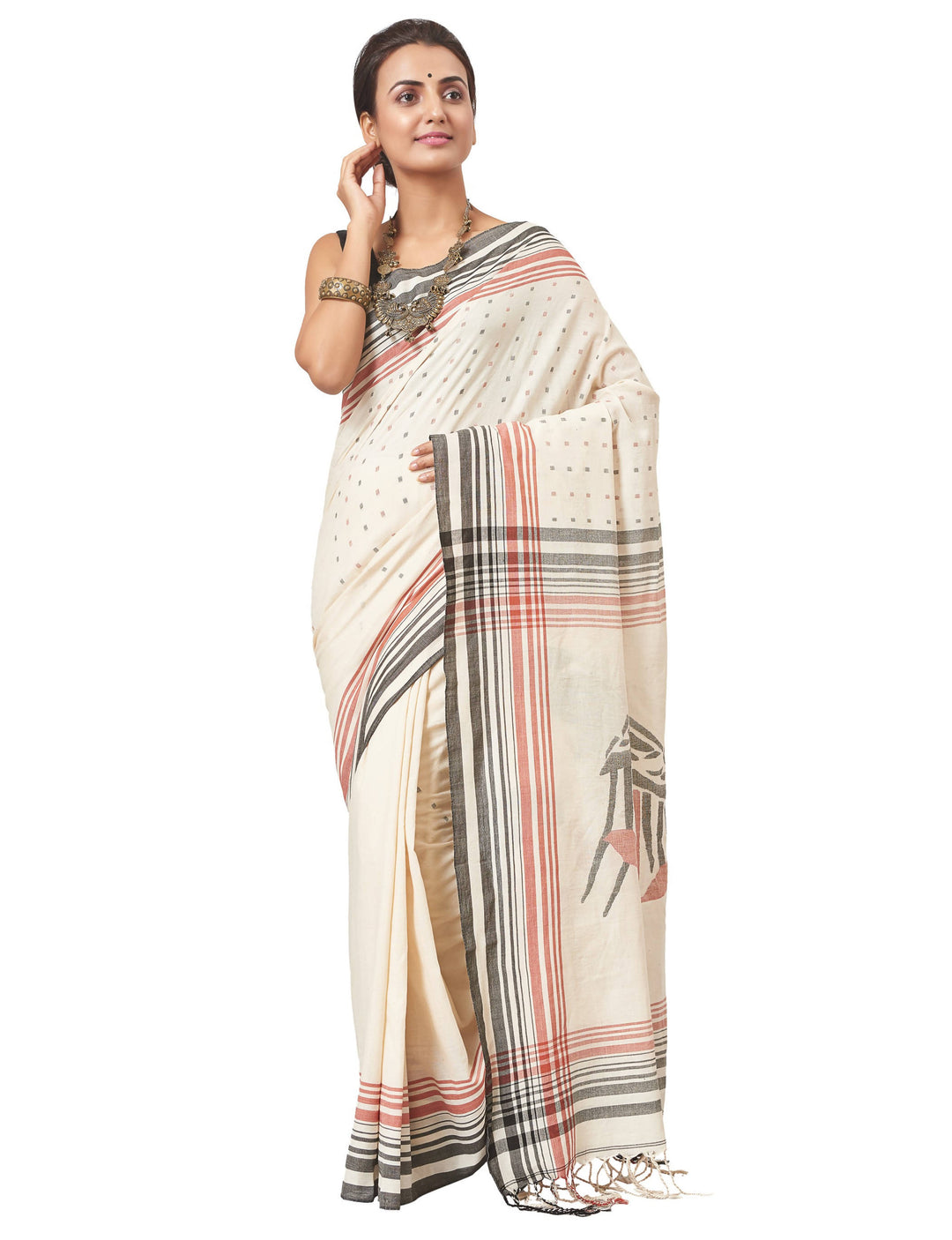 Biswa bangla handloom offwhite herbal dyed cotton saree