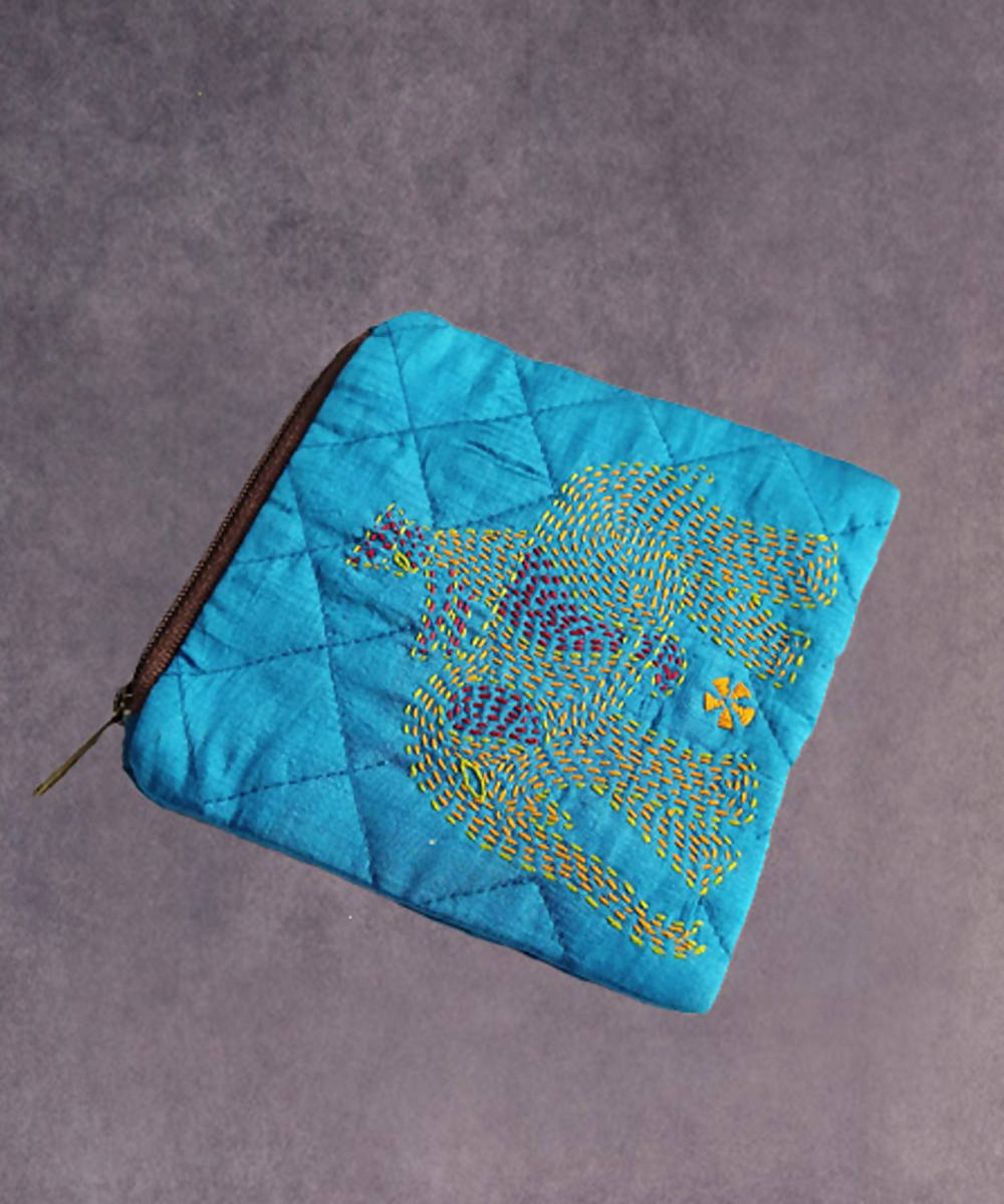 Sky blue hand made kantha stitch silk coin purse