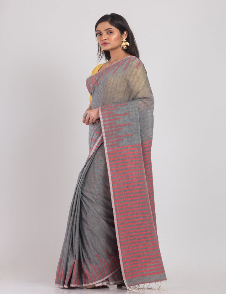 Grey red handwoven cotton sari