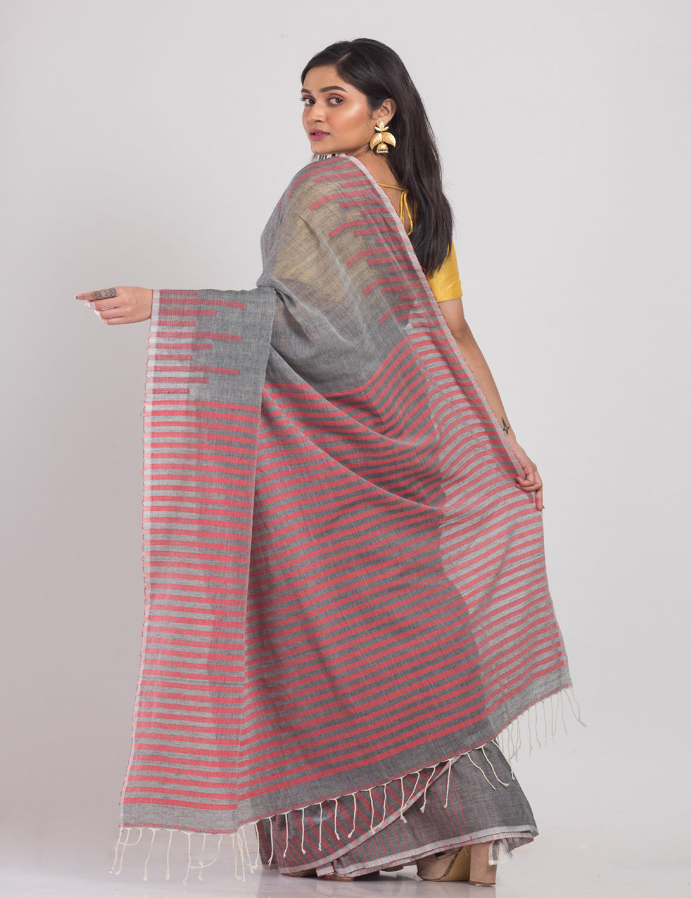 Grey red handwoven cotton sari