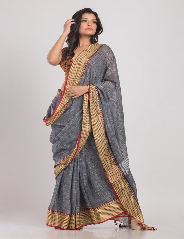 Grey with golden shimmer borders handwoven soft cotton sari