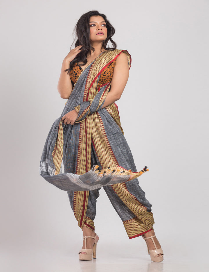 Grey with golden shimmer borders handwoven soft cotton sari