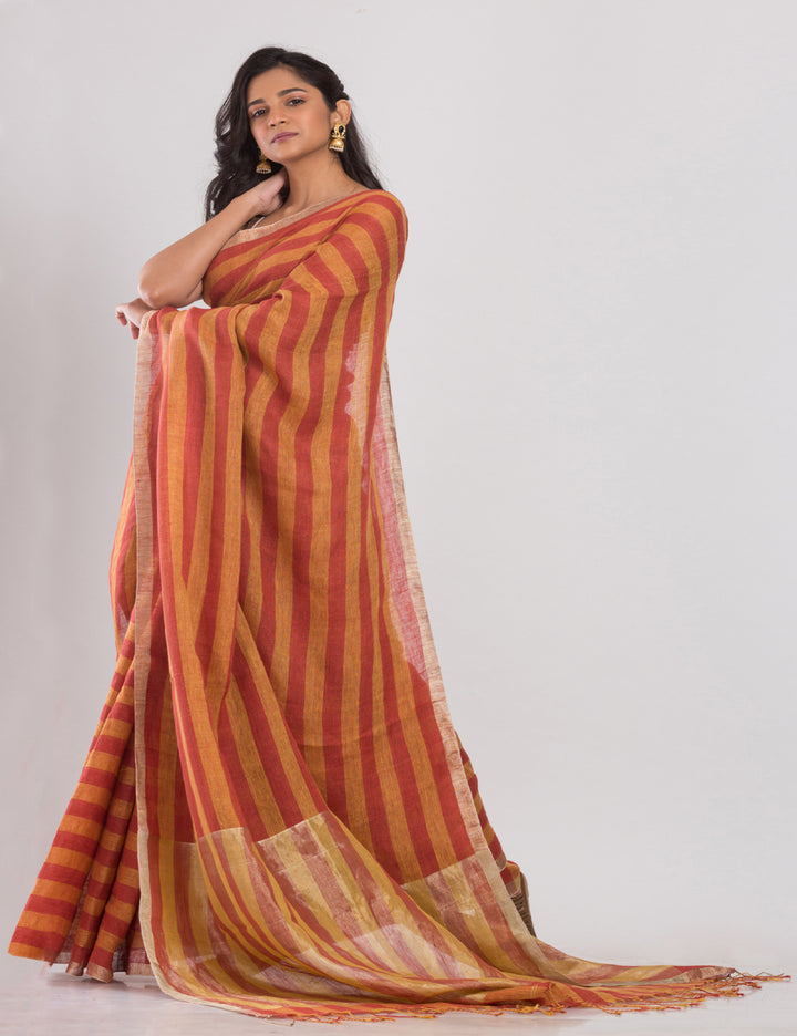 Orange and red stripes handwoven linen sari