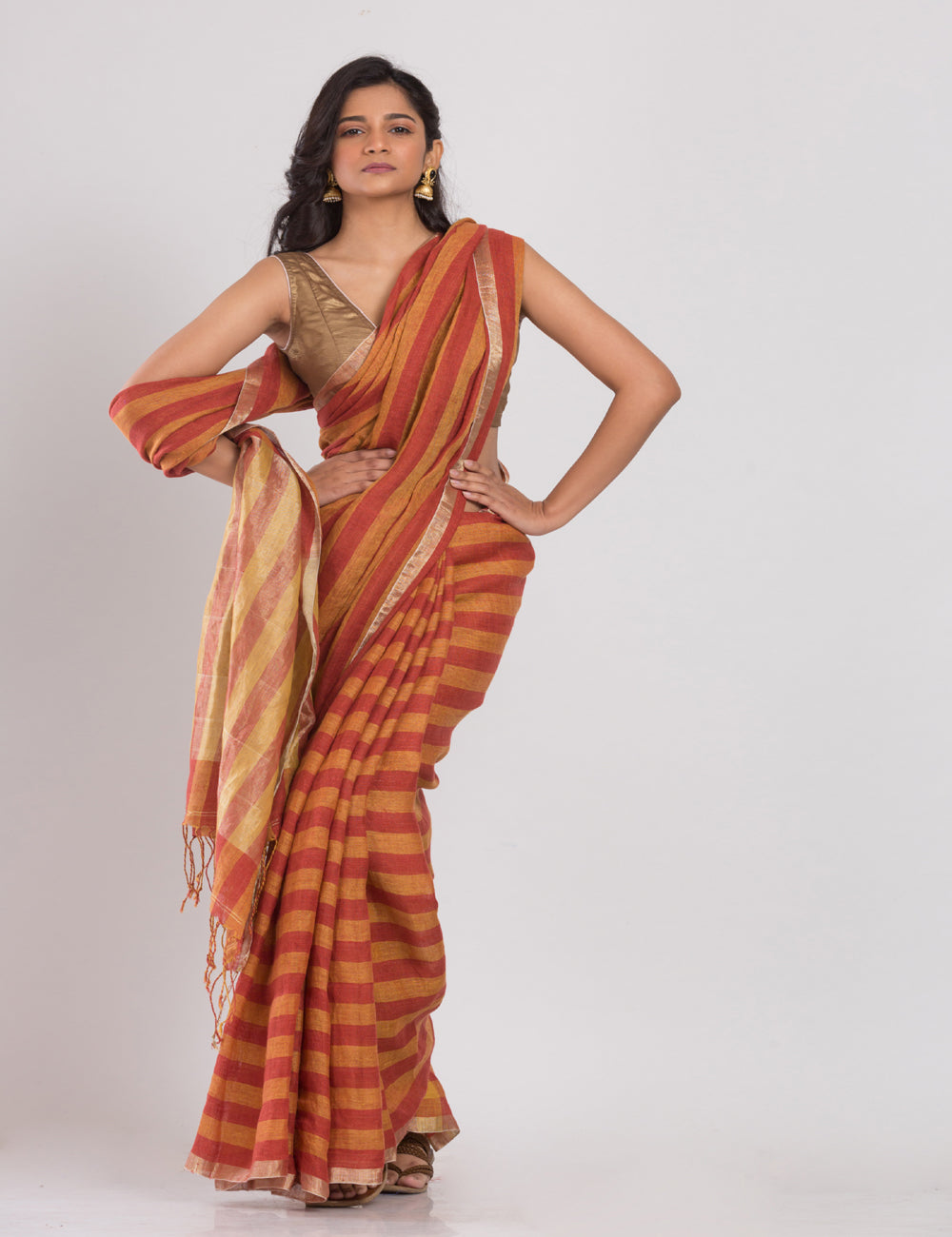 Orange and red stripes handwoven linen sari