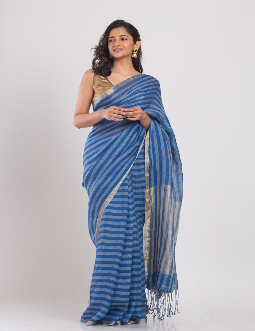 Navy blue and grey stripes handwoven linen sari