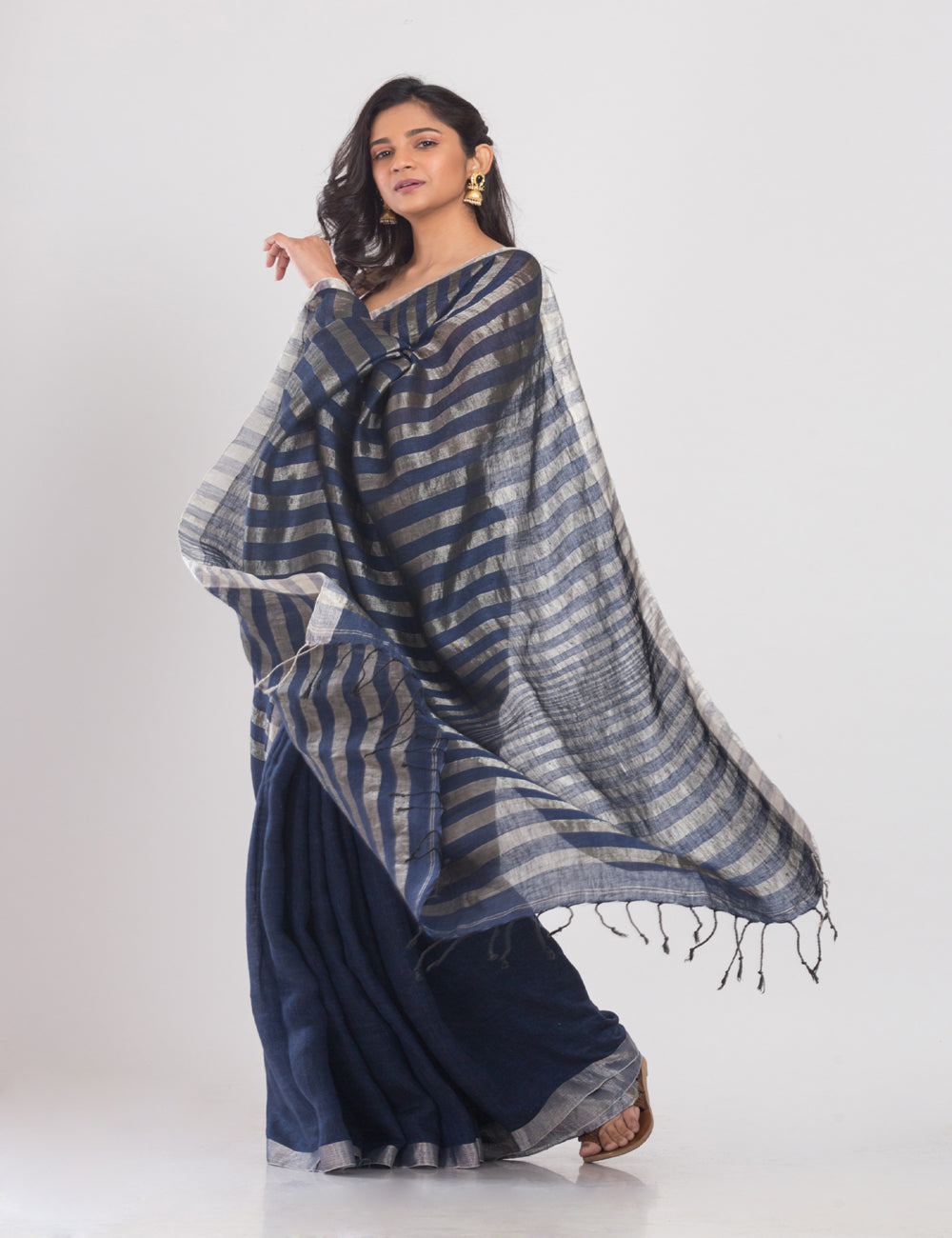 Blue handwoven linen sari