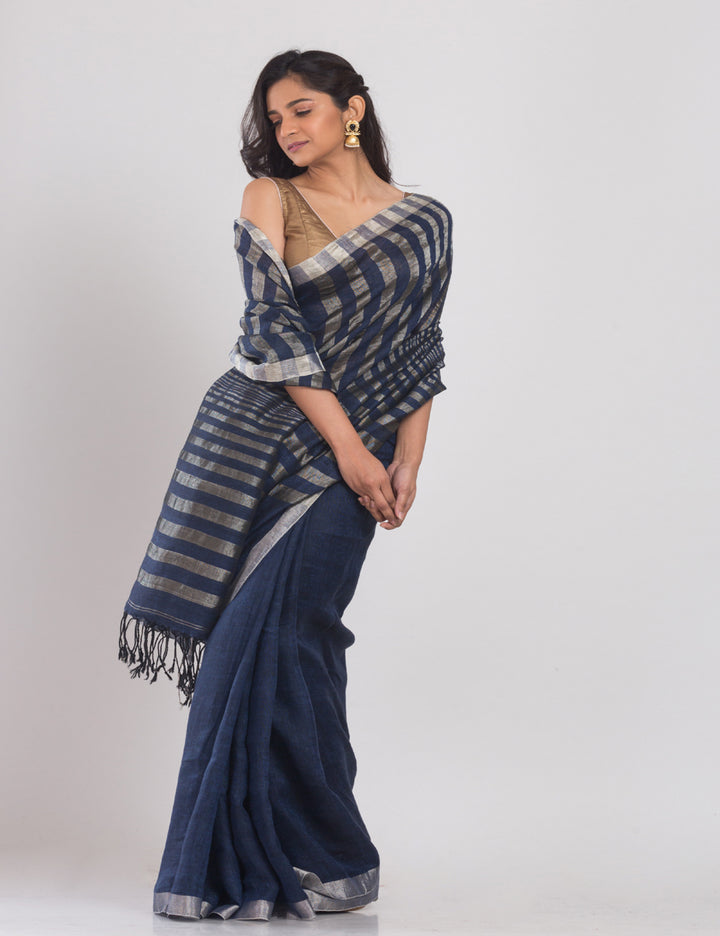 Blue handwoven linen sari