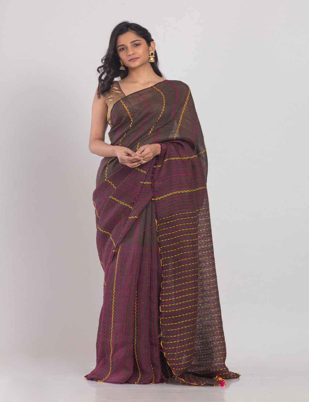 Brown stripes handloom linen sari