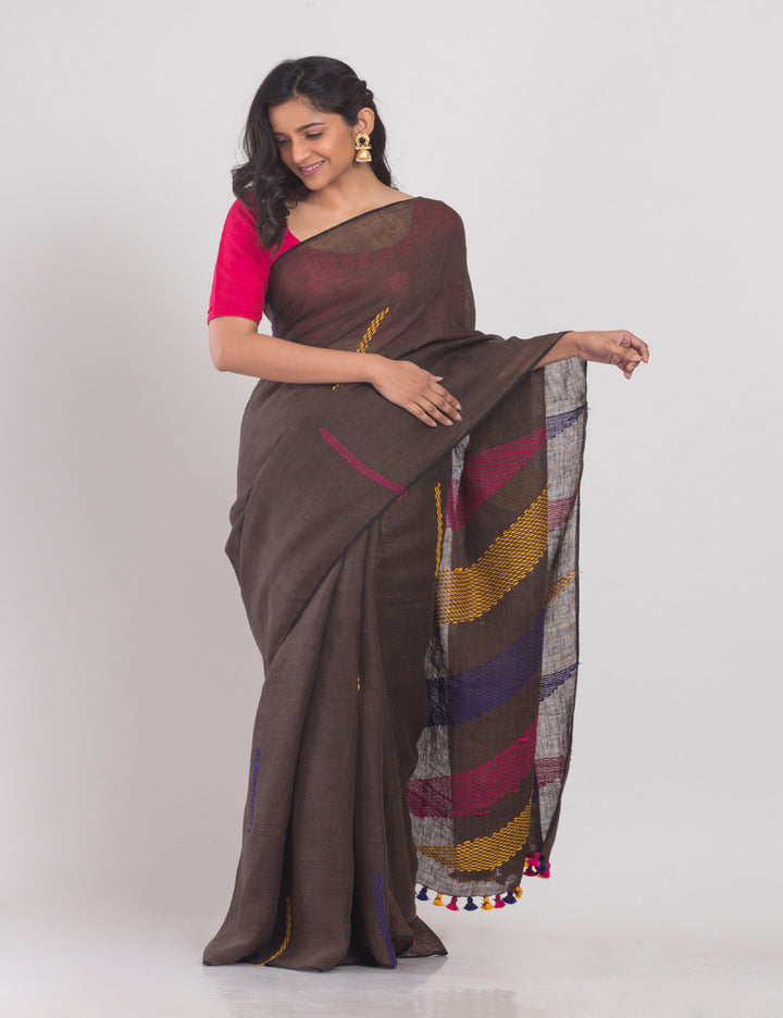 Brown with multicolor stripes handwoven linen sari