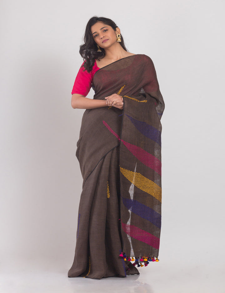 Brown with multicolor stripes handwoven linen sari