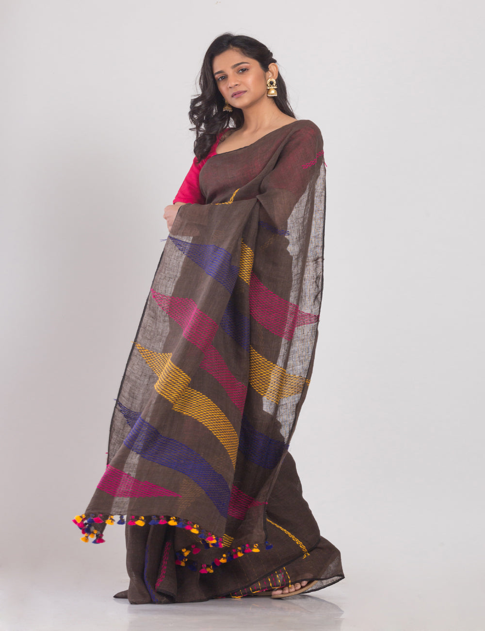 Brown with multicolor stripes handwoven linen sari