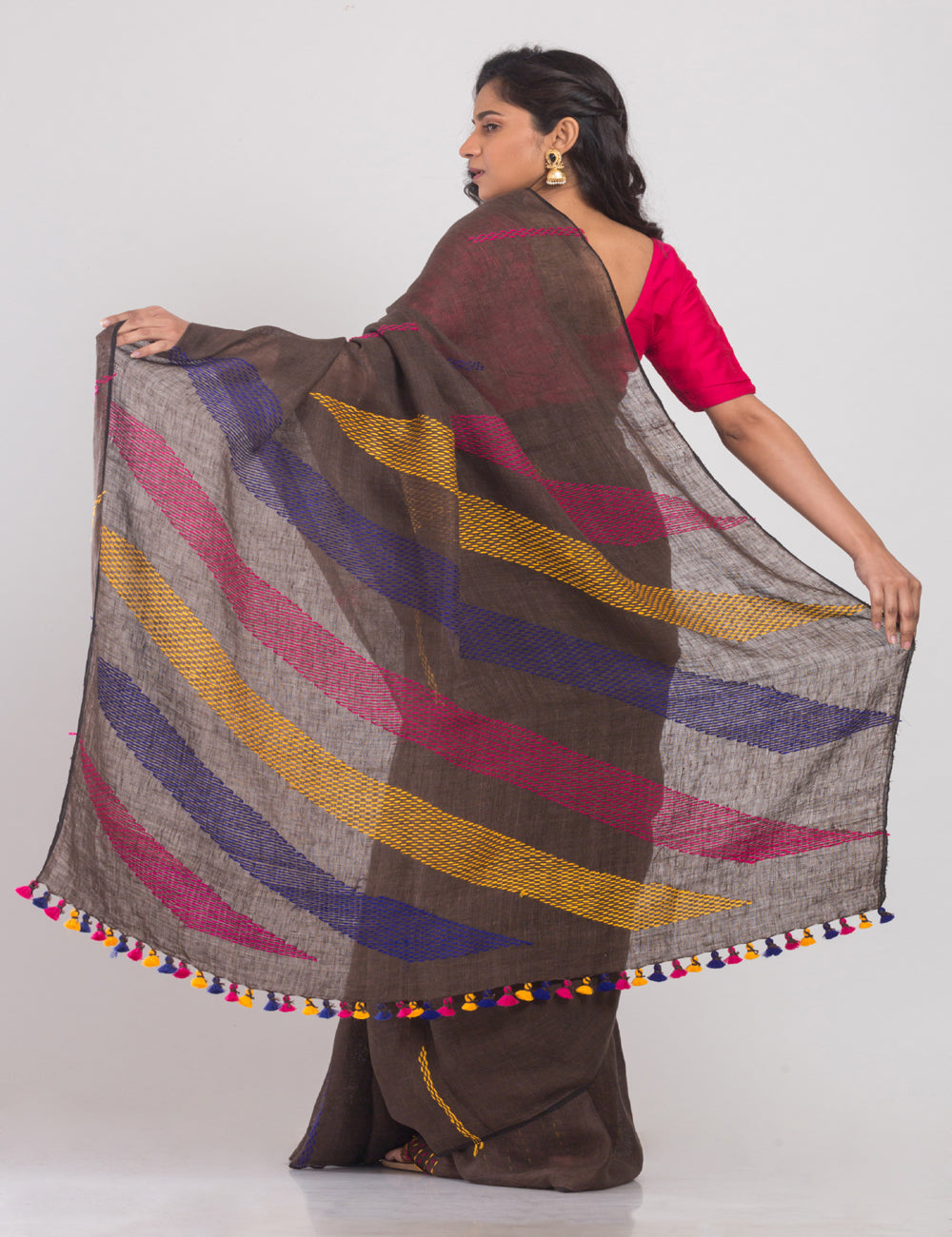 Brown with multicolor stripes handwoven linen sari