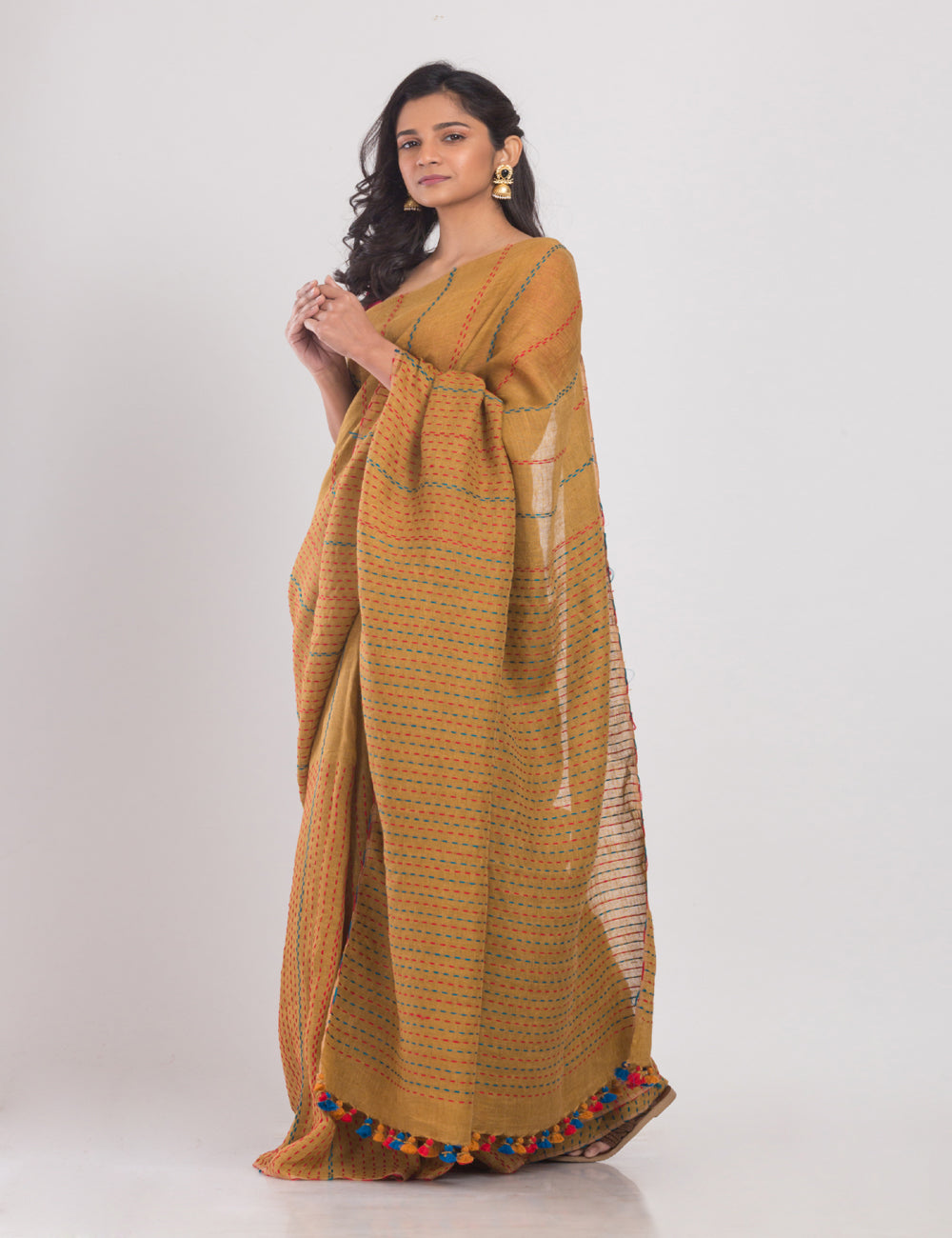 Mustard brown handwoven linen sari