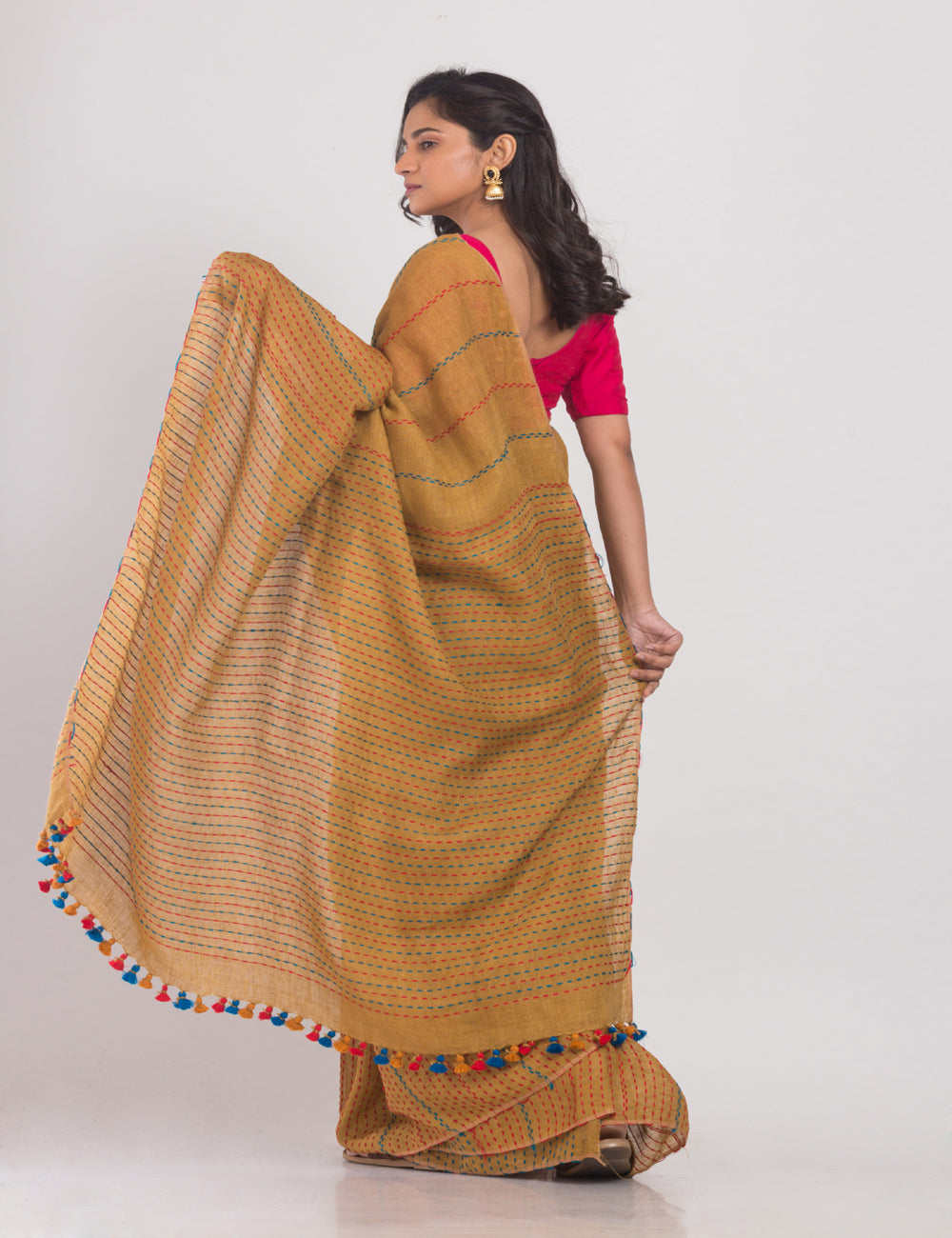 Mustard brown handwoven linen sari