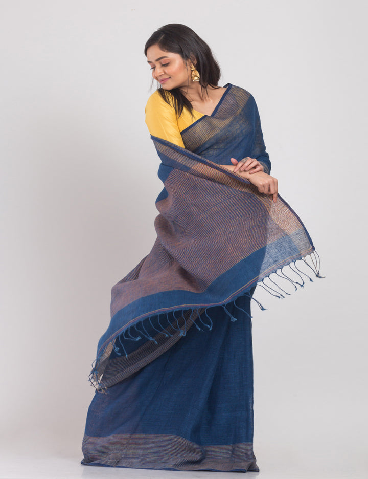 Navy blue handwoven linen sari