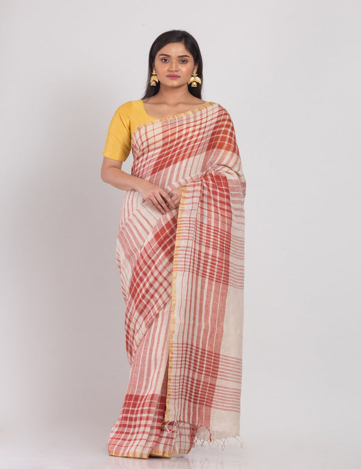 Multicolor white and red handwoven linen sari