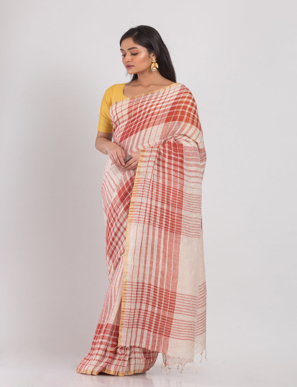Multicolor white and red handwoven linen sari