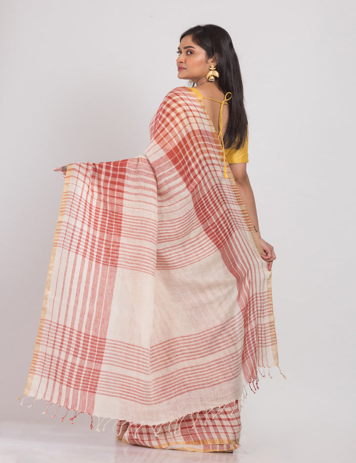 Multicolor white and red handwoven linen sari